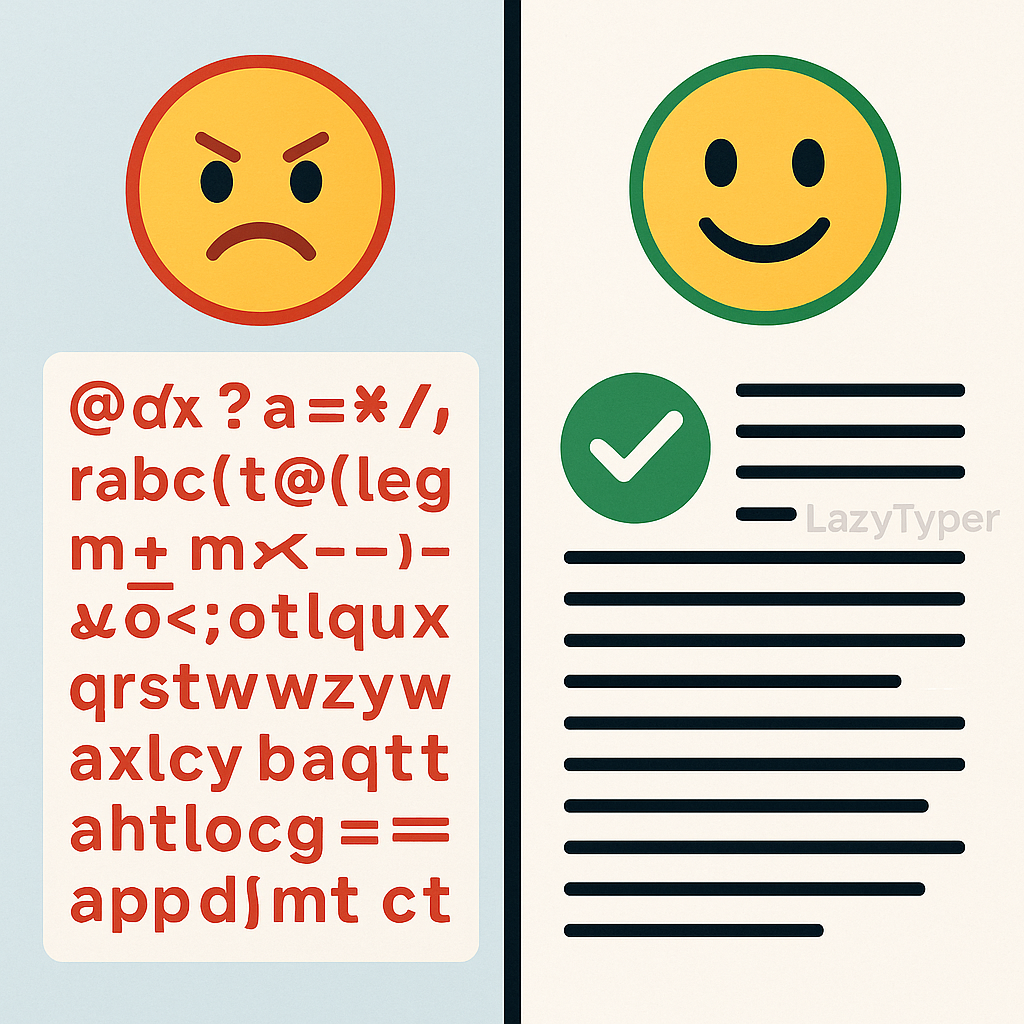 LazyTyper转录结果与系统自带工具的对比，LazyTyper的文本清晰准确，而另一侧则充满错误